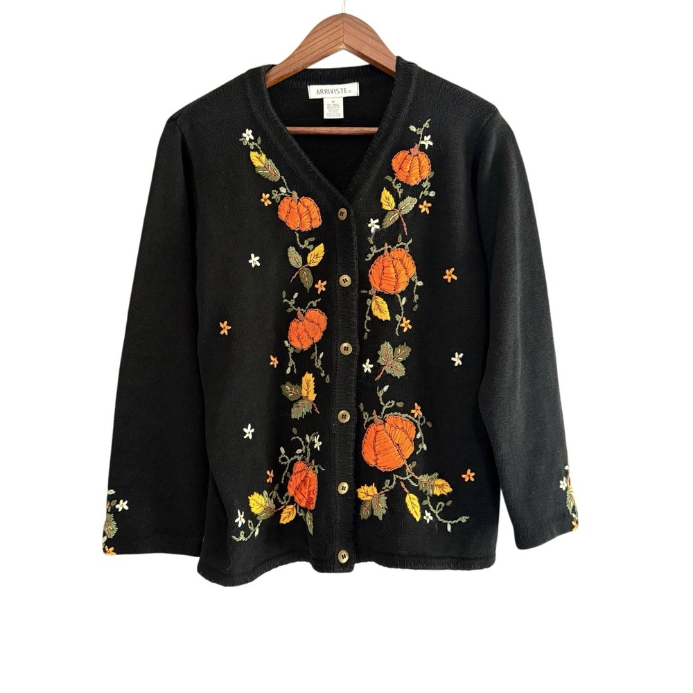 Vtg 90s Ugly Fall Halloween Sweater Cardigan Pumpkin Embroidered Grandma Medium